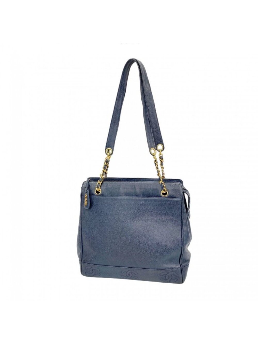 Chanel Chain Tote Triple Coco Caviar Leather Navy Gold - Picture 1 of 10